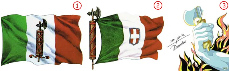 1., 2.Mussolini's Fascist Party emblem and flags. A bundle of rods bound together around an axe is the common form of fascist emblems. 3. The axe and a bundle o