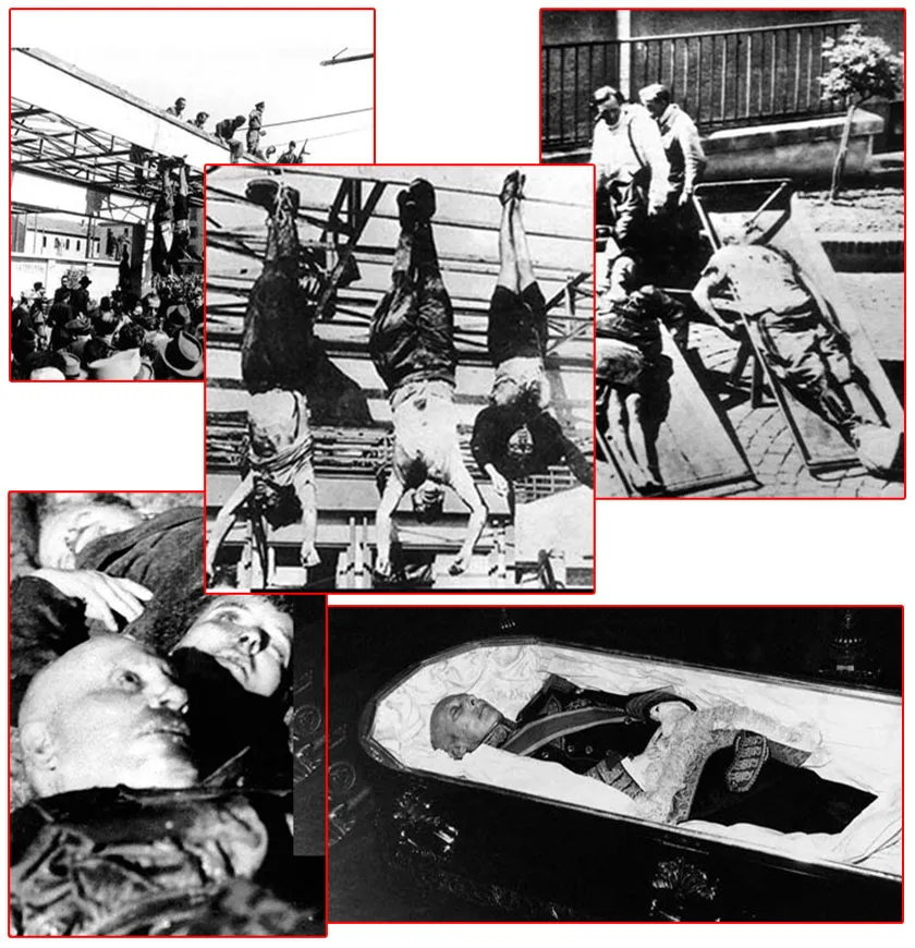 A Terrible End Mussolini and his mistress were first lynched by the people, and then hung up by their feet in a square in Milan. Their corpses were left on publ