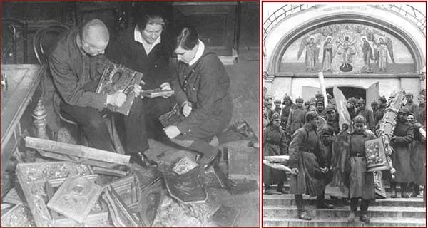 During and after the Bolshevik revolution there were many attacks on religion. Churches and mosques were pulled down. Works of art in churches were plundered, a
