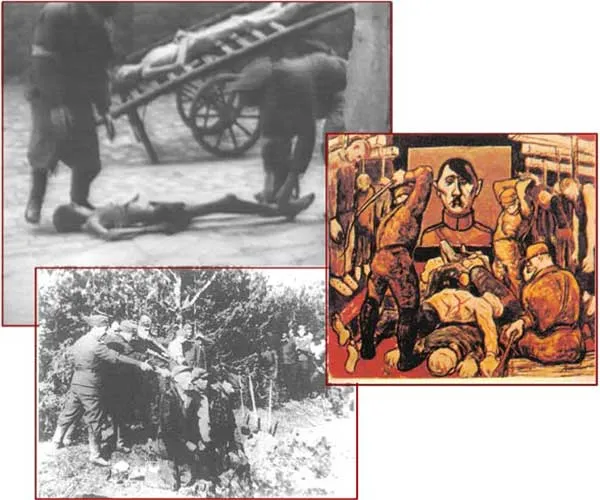 Photographs showing the state of the people during the Second World War. Posters from Hitler's time symbolised the killings carried out in his name.