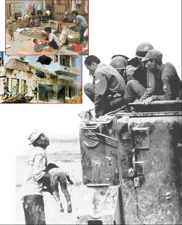A father showing South Vietnamese troops his child, who was killed as government forces pursued Viet Cong guerrillas.