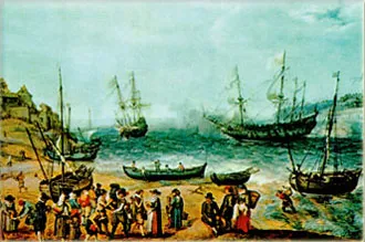A picture by Adam Willaerts showing a British ship sailing to East India.