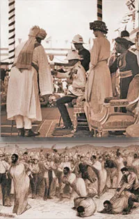 Prince Edward, the Duke of Windsor, receiving gifts from the Maharajah of Koihayur Zulus entertaining British troops celebrating Queen Victoria's birthday by ho