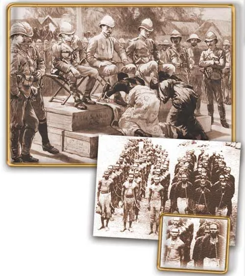 Above: King Prempeh, leader of the African Ashanti tribe, and the Queen Mother, submitting to British troops. Left: The treatment meted out to native Australian