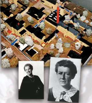 The left picture shows a model of the Bernburg Psychiatric Hospital. Blue arrows indicate the route taken by patients on their way to the killing area, and the